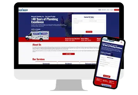Computer and phone with screenshots of Bukowski Plumbing, a client of Cherry Hill Web Dev