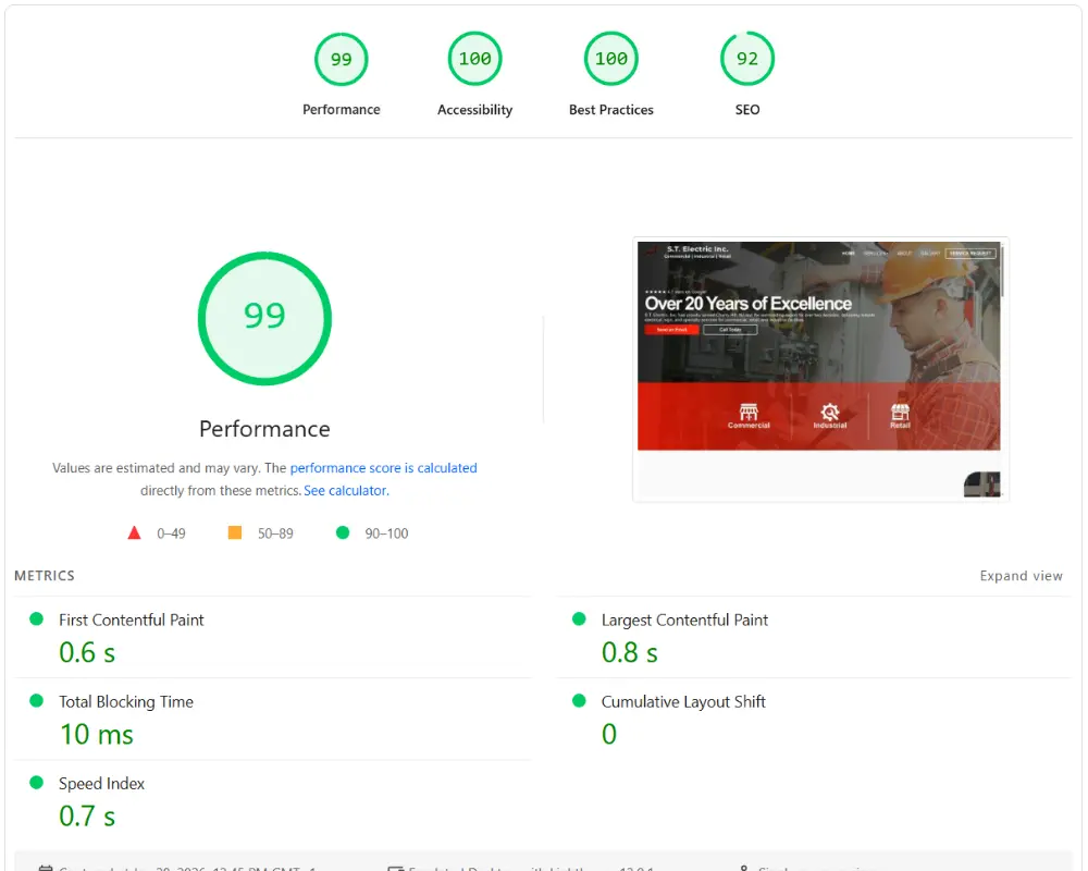 Cherry Hill Web Dev with perfect pagespeed scores, indicating great SEO visibility